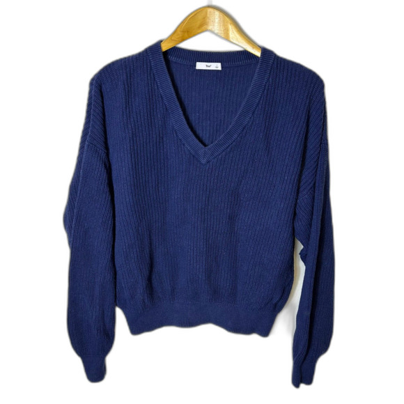 Aritzia Tna Beacon Navy Chunky Rib Knit V-Neck LS Oversized Sweater Sz 1/XXS-XS - Picture 3 of 10
